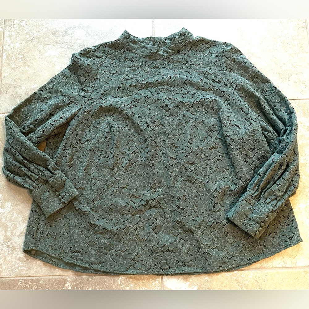 H&M Women’s Khaki Green Lace Long Sleeve Blouse, Stand-Up Collar - Sz XL